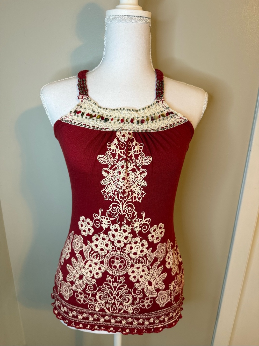 Almost Famous Red Camisole with Cream Crochet Embroidery